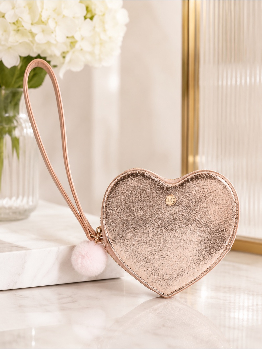 LC Lauren Conrad Rose Gold Heart Wristlet Clutch Metallic Evening Bag NWT